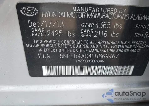 2014 Hyundai Sonata Gls z USA, uszkodzony, nr VIN 5NPEB4AC4EH869467